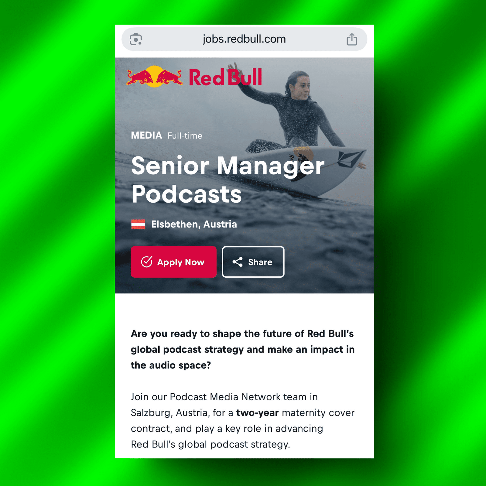 Red Bull Senior Manager Podcasts job listing