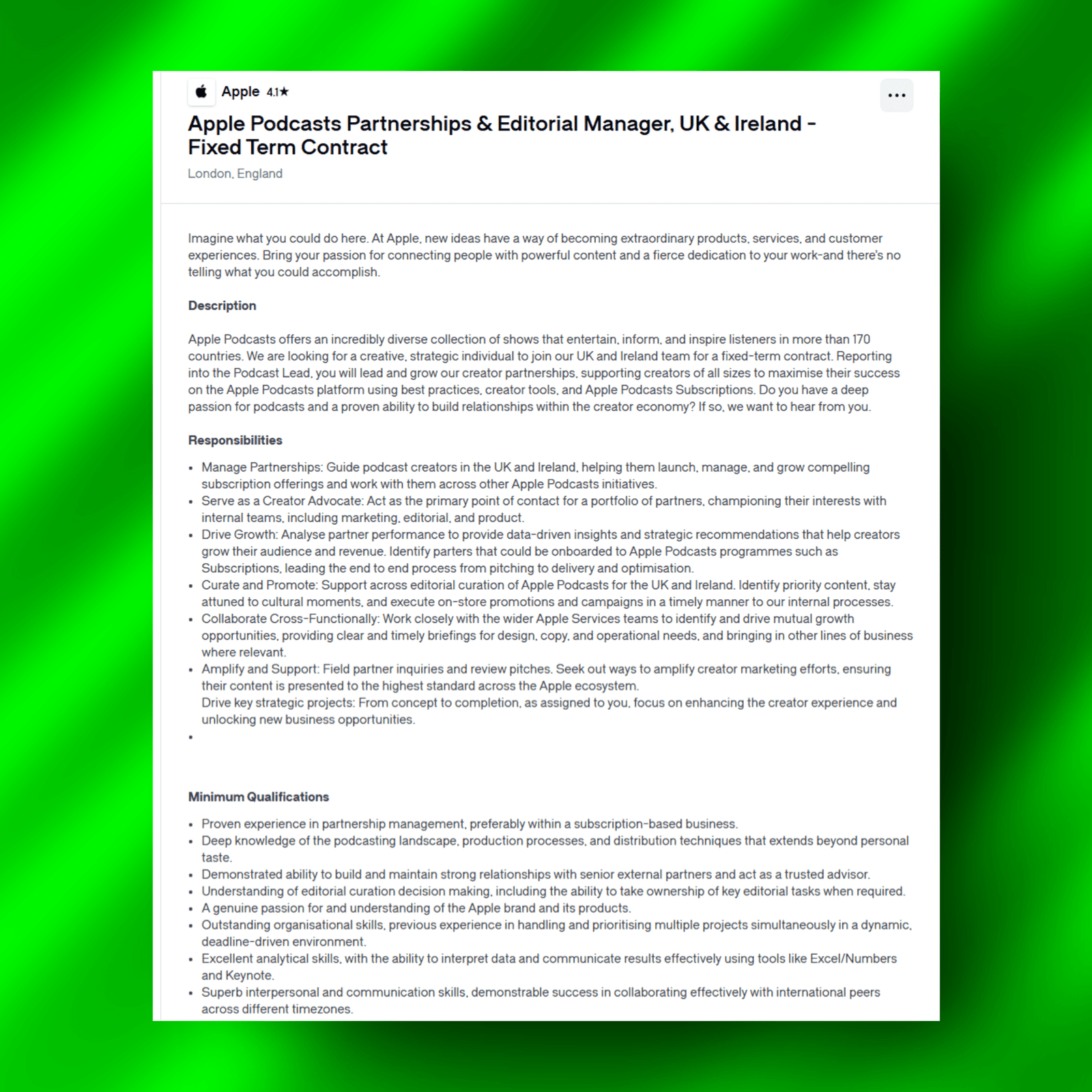 Apple Podcasts Partnerships and Editorial Manager job listing