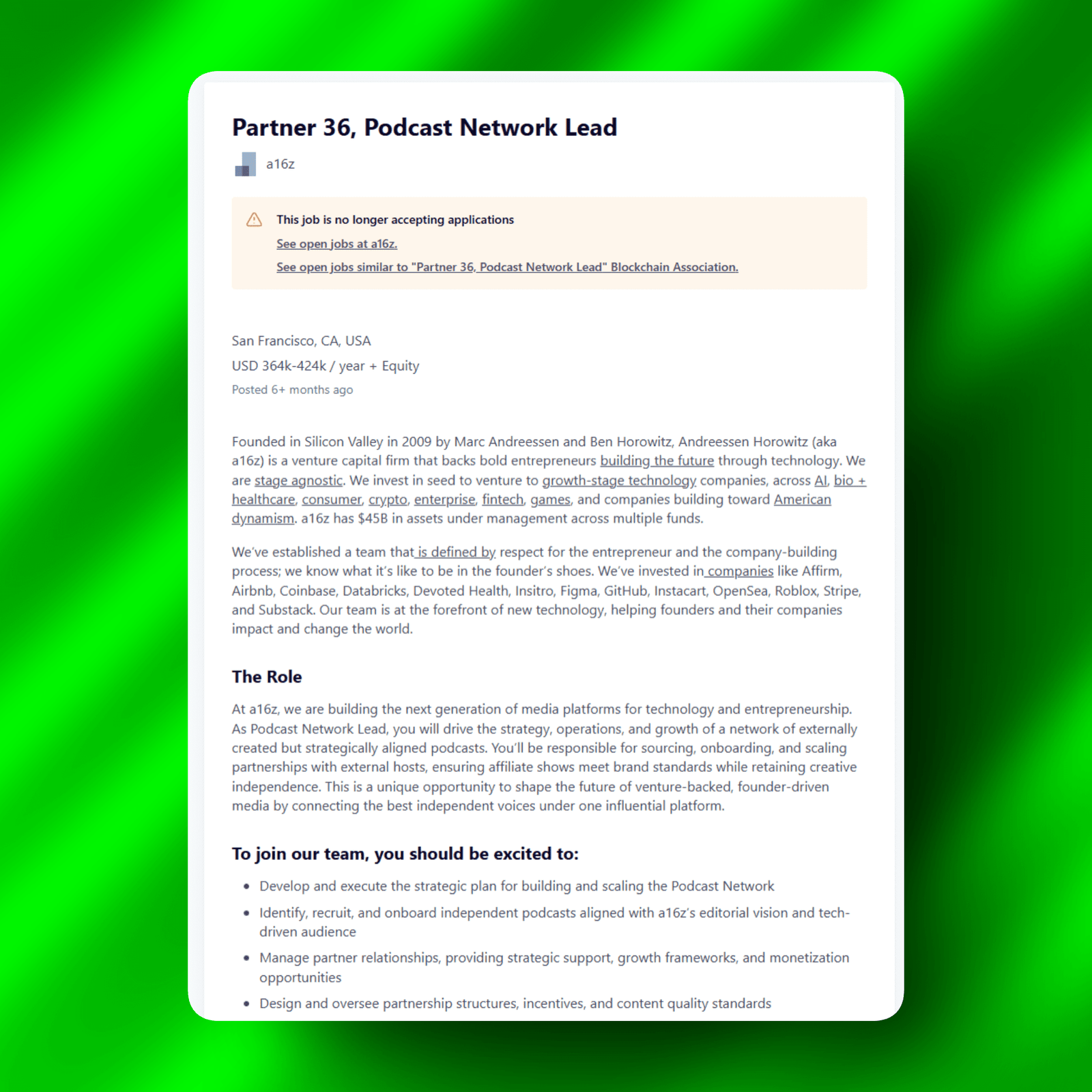 Andreessen Horowitz Podcast Network Lead job listing